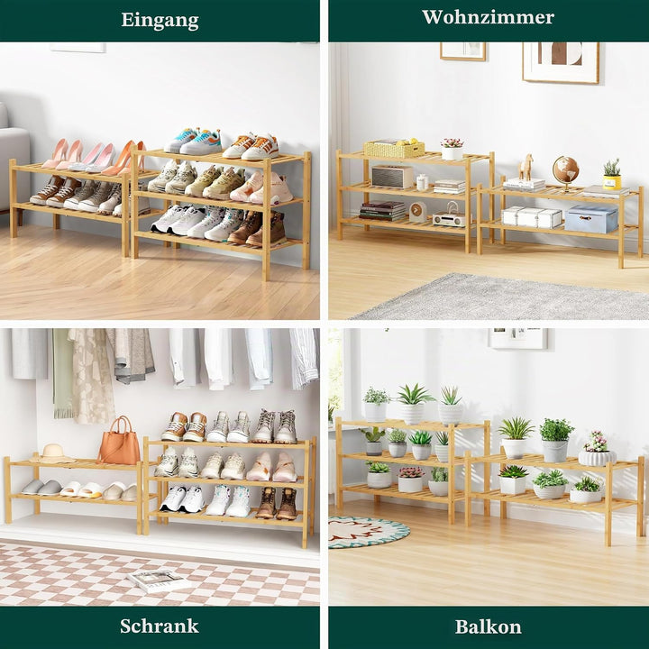 smiry Schuhregal aus Bambus, Schuhregal Platzsparend mit 3 Ebenen, Erweiterbar Stapelbar Shoe Rack,