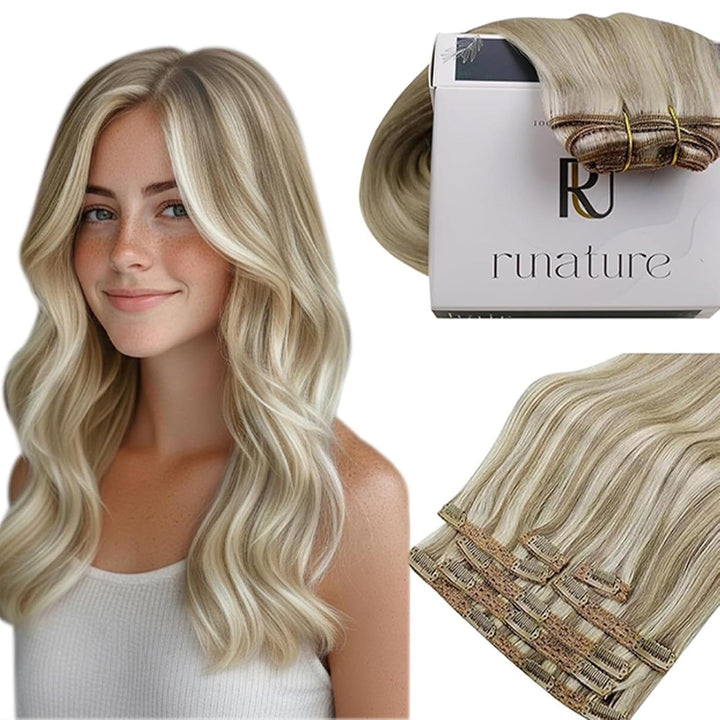 RUNATURE Echthaar Extensions Clip in Aschbraun mit Platinblond Menschliches Haarextensions Clip Seid
