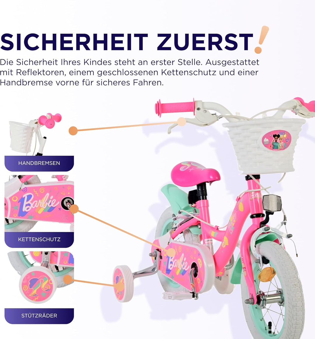 Volare Kinderfahrrad | 3–5 Jahre | Doppelte Handbremse, abnehmbare Stützräder, Pedalreflektoren & Tr