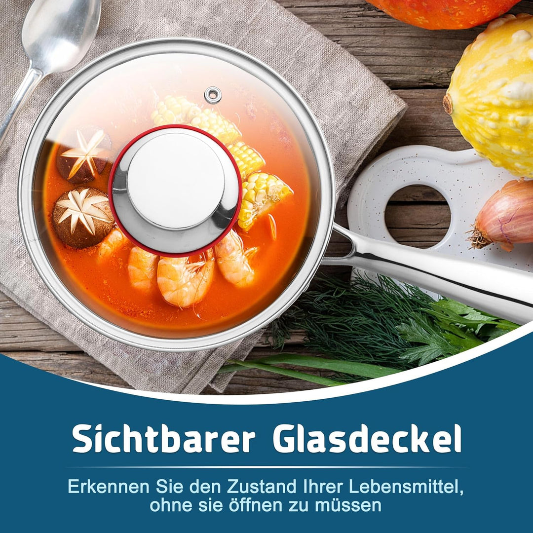 Joyfair Stielkasserolle, 18cm Premium 3-Lagiger Edelstahl Milchtopf Induktion mit Deckel, 2,5 Liter