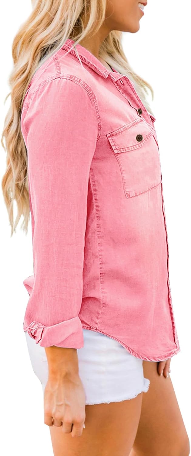 Damen Jeanshemd - Damen Western Hemden Tunika Langarm Button Down Oberteile L Aurora Rosa, L Aurora