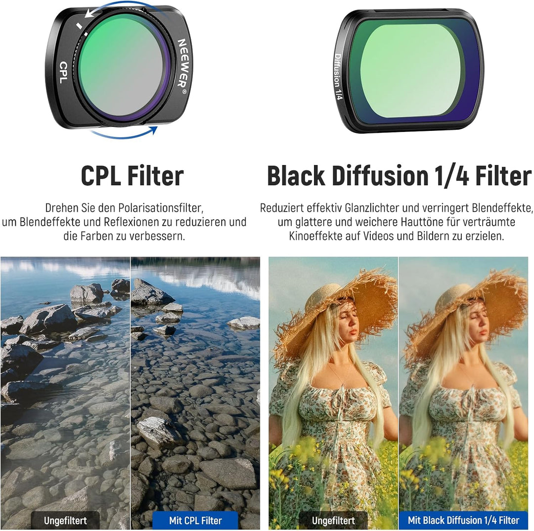 NEEWER Variabler ND Graufilter + CPL Polfilter + Black Diffusion 1/4 Filter, kompatibel mit DJI Osmo