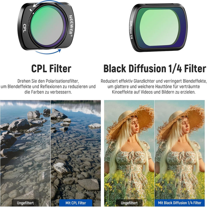 NEEWER Variabler ND Graufilter + CPL Polfilter + Black Diffusion 1/4 Filter, kompatibel mit DJI Osmo
