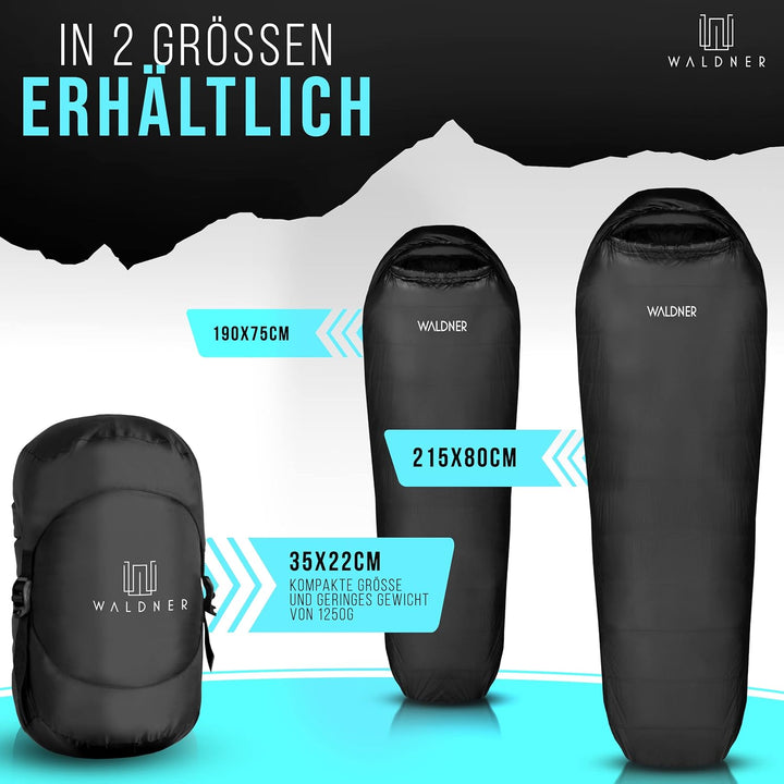 WALDNER Daunenschlafsack Ultraleicht, kleines Packmass, 4 Jahreszeiten, 800g Daunen, 600FP Bauschkra