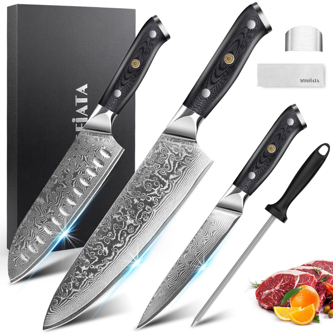 MOSFiATA Damastmesser Set 3PCS, Küchenmesserset aus VG10 Stahl - Inklusive 8" Kochmesser, 7" Santoku