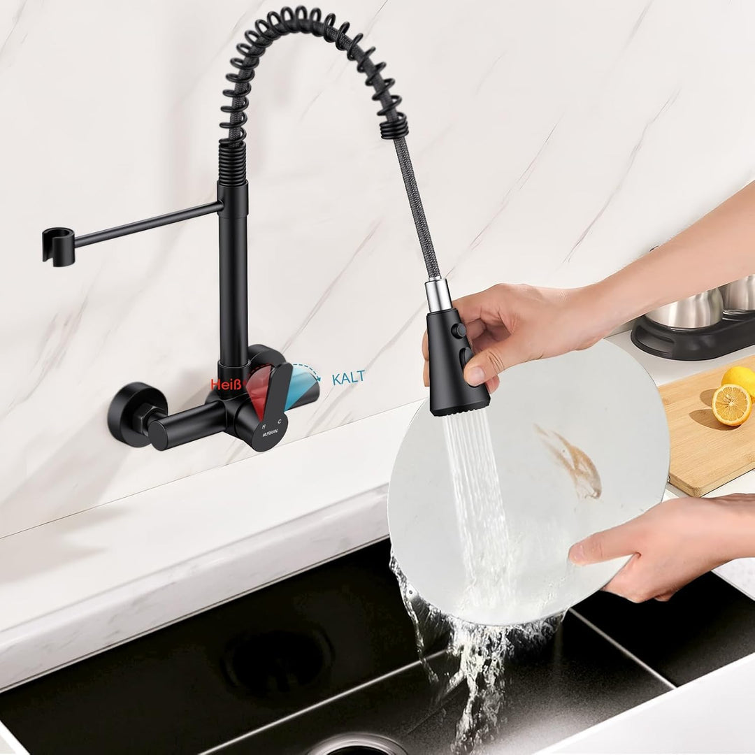 HURRAN Wasserhahn Wandmontage, Küchenarmatur mit 3 Auslaufarten, 360° Schwenkbarer Wasserhahn Küche