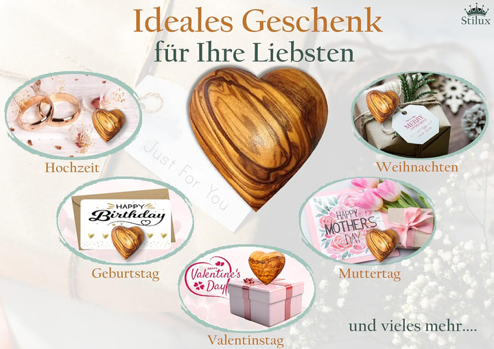 Stilux 2er-Set Herz Handschmeichler aus sehr schön gemasertem Olivenholz 7 cm | Glücksbringer Deko H