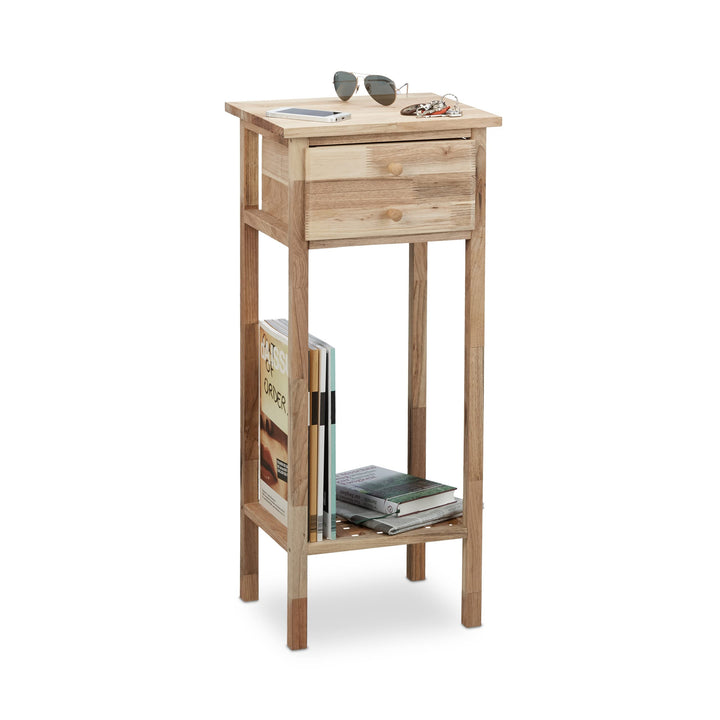 Relaxdays Beistelltisch Walnuss mit Schublade, 2 Ablagen Telefontisch, hoher Holztisch HxBxT: 80 x 3
