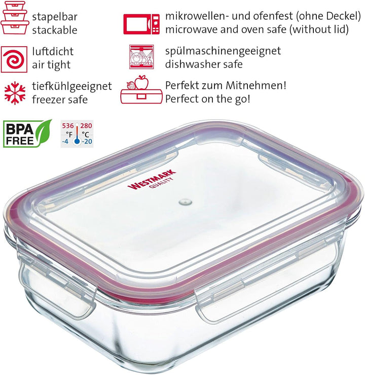 Westmark Glas-Frischhaltedosen-Set, 3tlg., Eckig, Füllvolumen: je 1x 370 ml, 1040 ml und 1520 ml, Gl