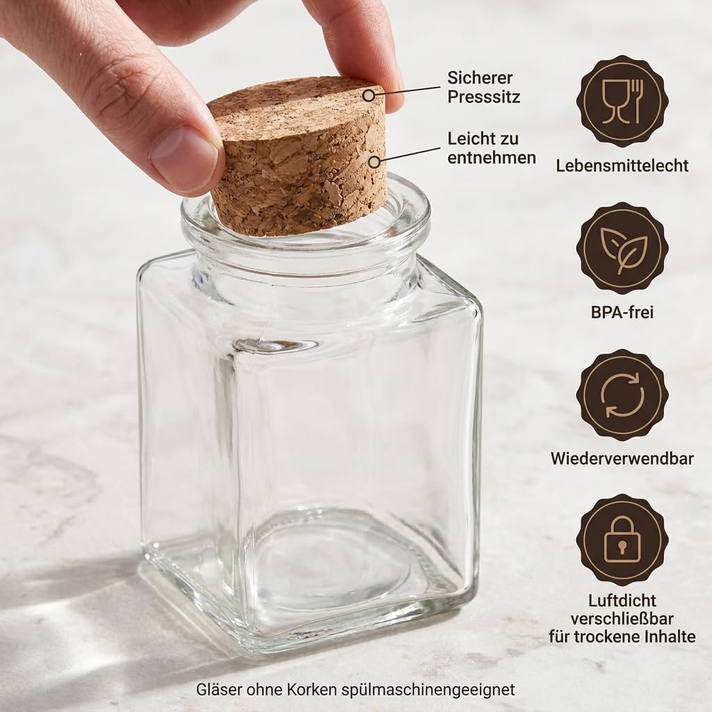 gouveo 12er Set Gewürzgläser 120 ml (0,12 l) Gewürzglas 120 ml hoch eckig mit Korken mit Presskorken