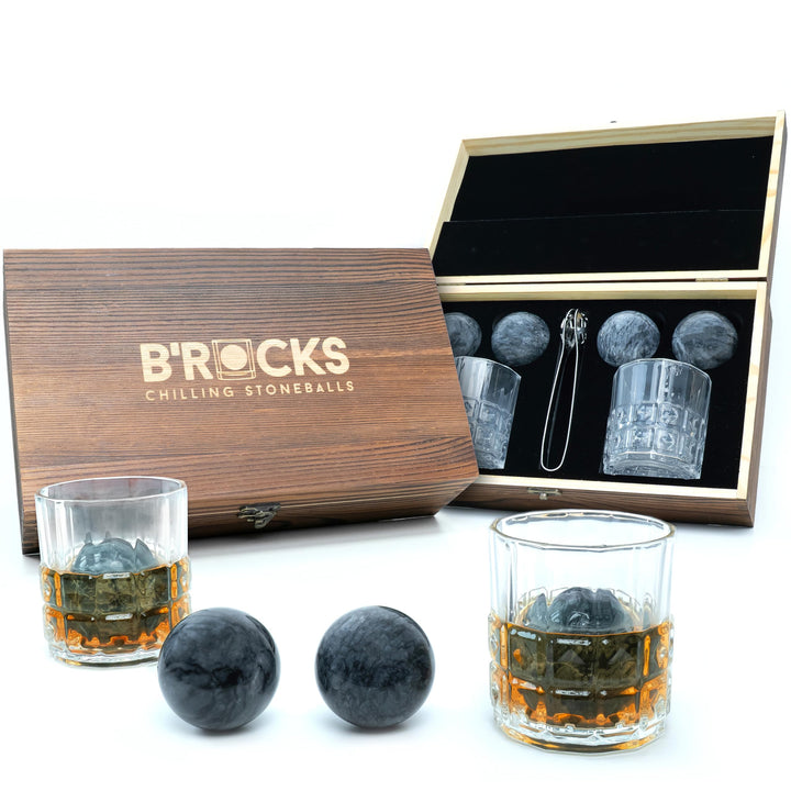 B'ROCKS Premium Kühlsteine | Whisky Steine Set | Geschenkset 4 Granit Steinkugeln 5cm Ø mit 2 Tumble