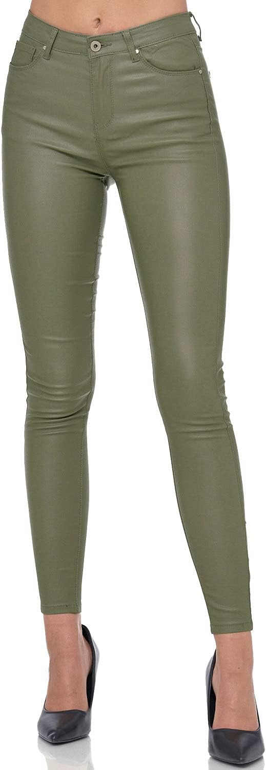 Gloop Skinny Fit Jeans Fit-Hose mit Ledereffekt Smooth Coated Pant Armeegrün S, Armeegrün S