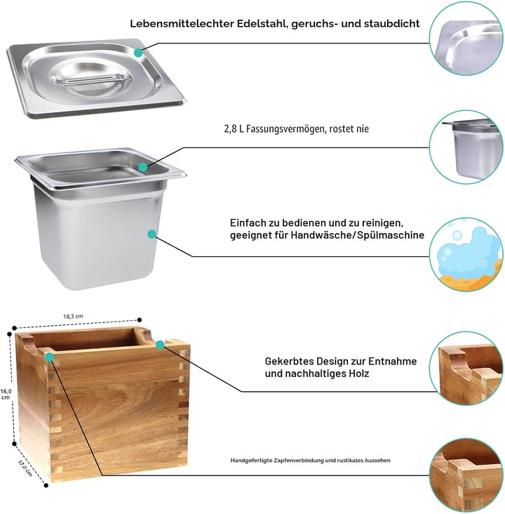 Komposteimer Küchen-Arbeitsplatte Komposteimer mit Deckel & Akazienholzbox, Kompostbehälter für Küch