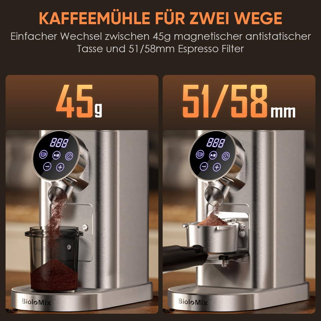 Biolomix Kaffeemühle Elektrisch mit Abnehmbarem Halter für Siebträger Kaffeemühle Siebträger Elektri