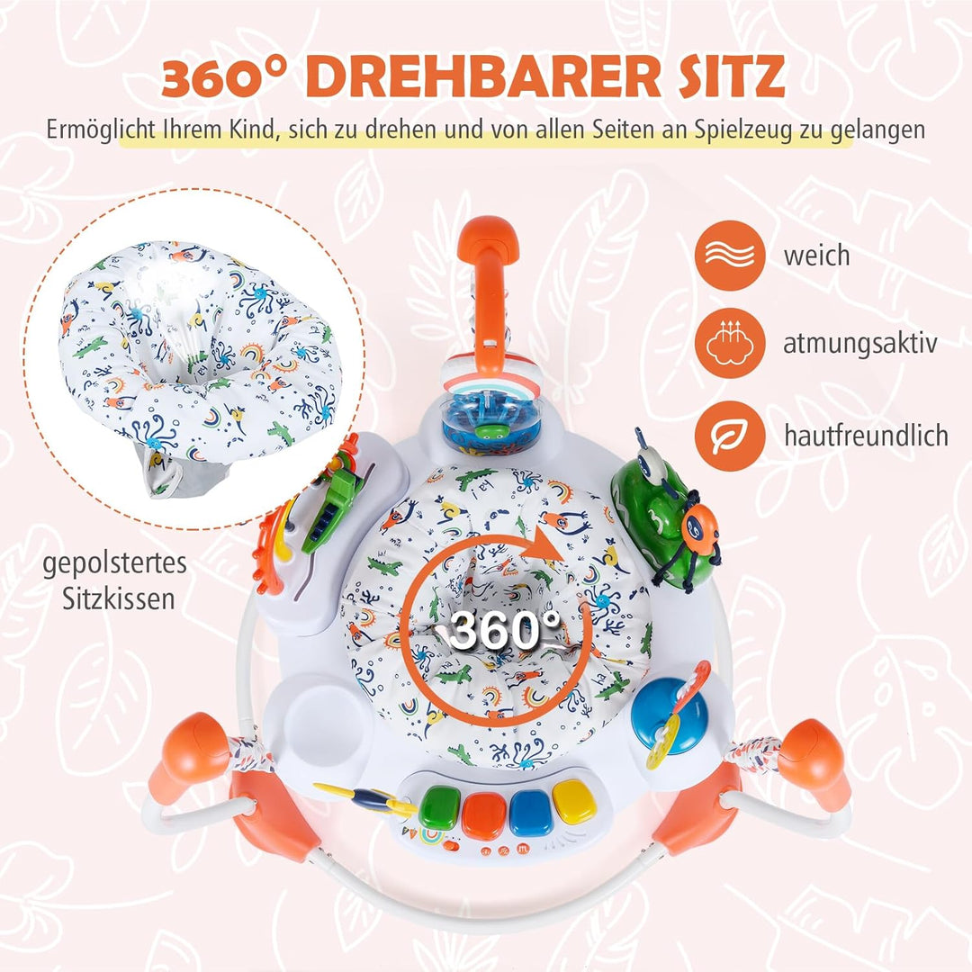 DREAMADE Stationäres Aktivitätscenter, Tierwelt-Jumperoo mit abnehmbarem Fusspolster, 360°-Drehsitz,