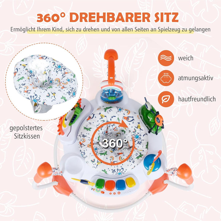 DREAMADE Stationäres Aktivitätscenter, Tierwelt-Jumperoo mit abnehmbarem Fusspolster, 360°-Drehsitz,