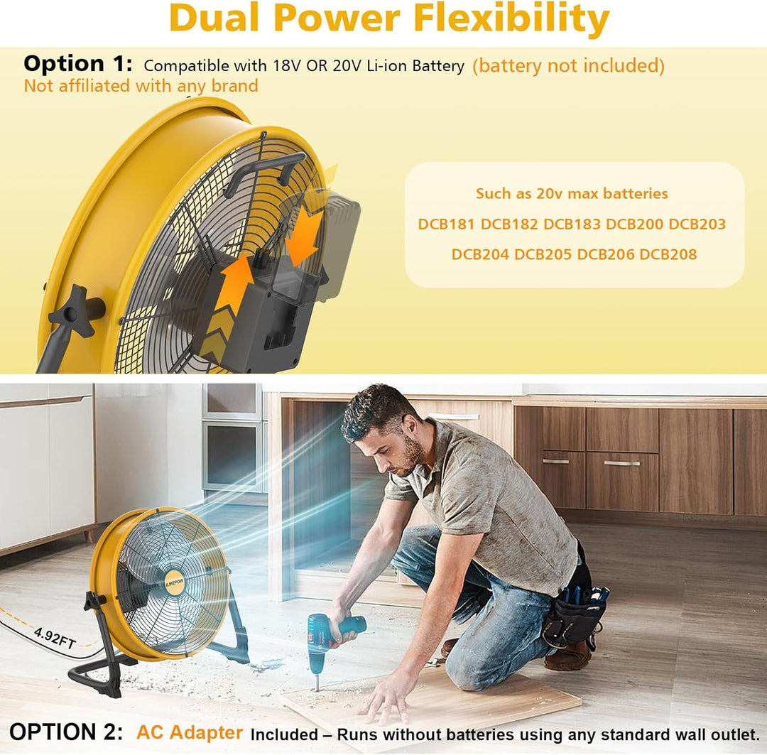 12 Zoll Akku Ventilator Kompatibel mit Dewalt 20V, Tragbarer Bodenventilator mit Netzteil & USB, Sta