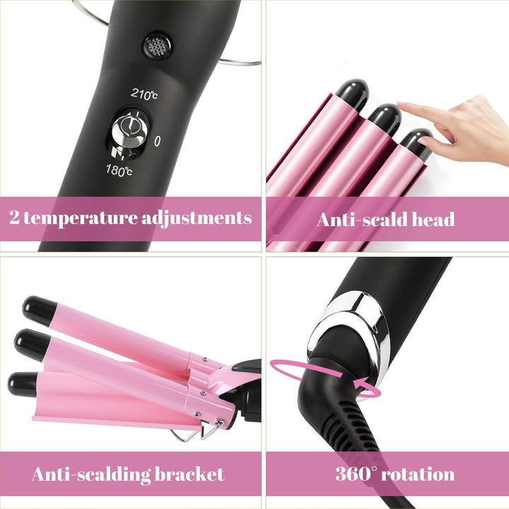 Lockenstab 3 Fässer Welleneisen,22mm Grosse Welleneisen für Haare Beach Waves Lockenwickler,Turmalin