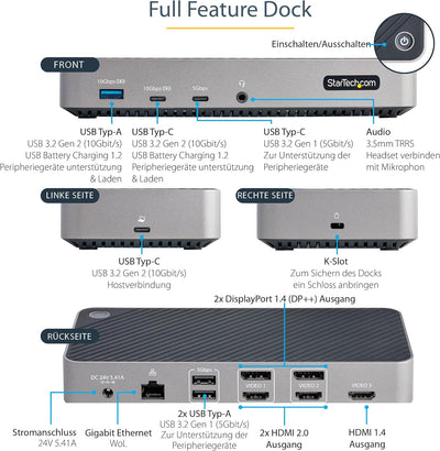 StarTech.com USB-C Dreifach Monitor Dockingstation - HDMI/DP Dreifach 4k USB C Dock - 5x USB Hub- Gb