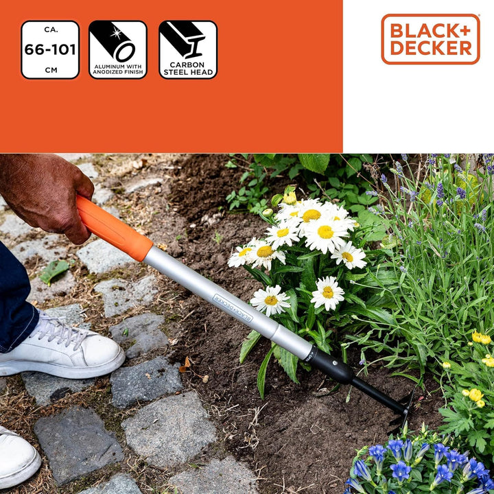 BLACK+DECKER Gartenrechen 5-Zahn - Verstellbar von 66 bis 100 cm - Karbonstahl, Fiberglas und PVC -