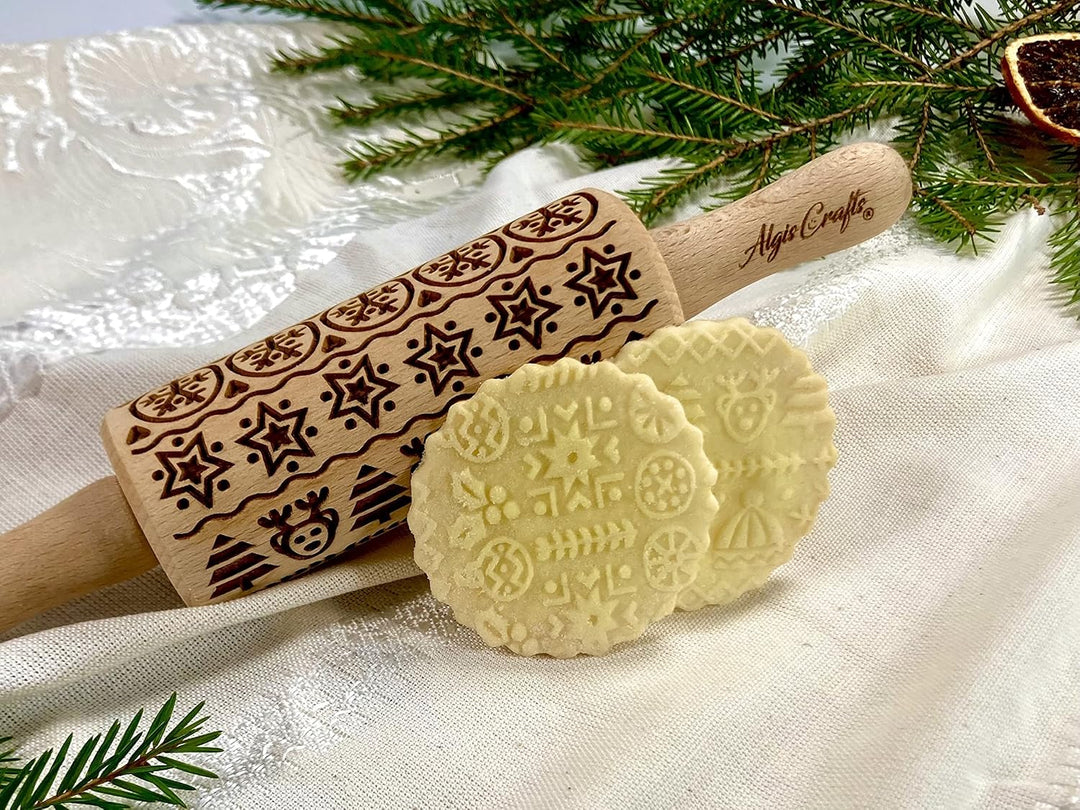 Weihnachtsspass Kinder Nudelholz mit Muster Weihnachten Backen 3-er SET - Teigroller Holz für DIY We