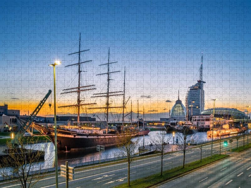 CALVENDO Puzzle Sonnenuntergang hinter den Bremerhavener Havenwelten 1000 Teile Lege-Grösse 64 x 48