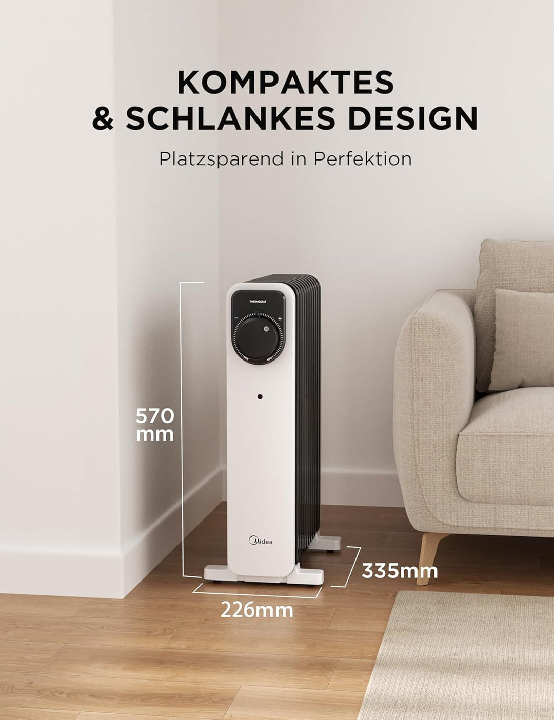 Midea Ölradiator, 2000W 9 Rippen tragbarer Elektroheizer mit Drehknopfregelung und einstellbarem The