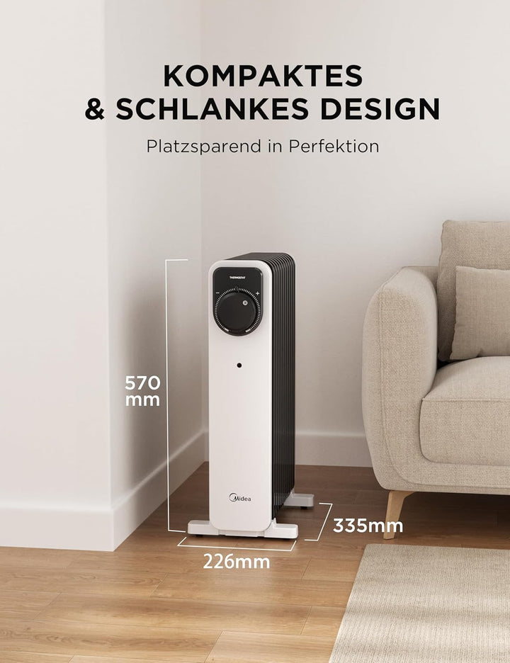 Midea Ölradiator, 2000W 9 Rippen tragbarer Elektroheizer mit Drehknopfregelung und einstellbarem The