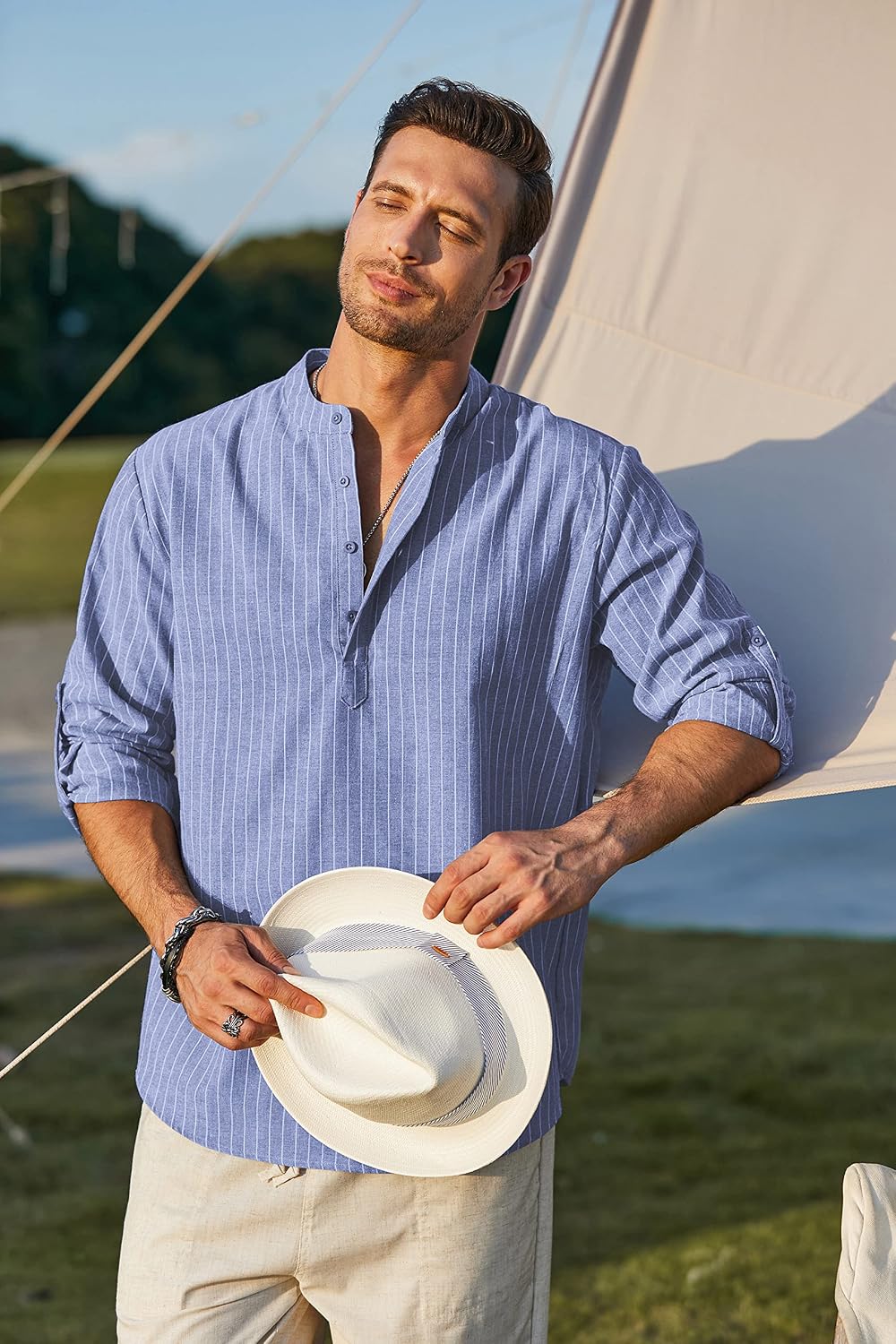 COOFANDY Hemd Herren Langarm Leinenhemd Baumwolle Henley Shirt Casual Regular Fit Sommerhemd XL Blau