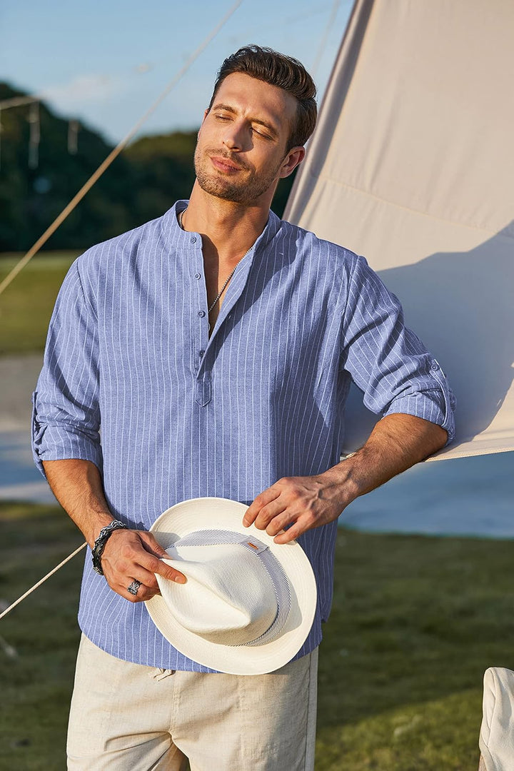 COOFANDY Hemd Herren Langarm Leinenhemd Baumwolle Henley Shirt Casual Regular Fit Sommerhemd XL Blau