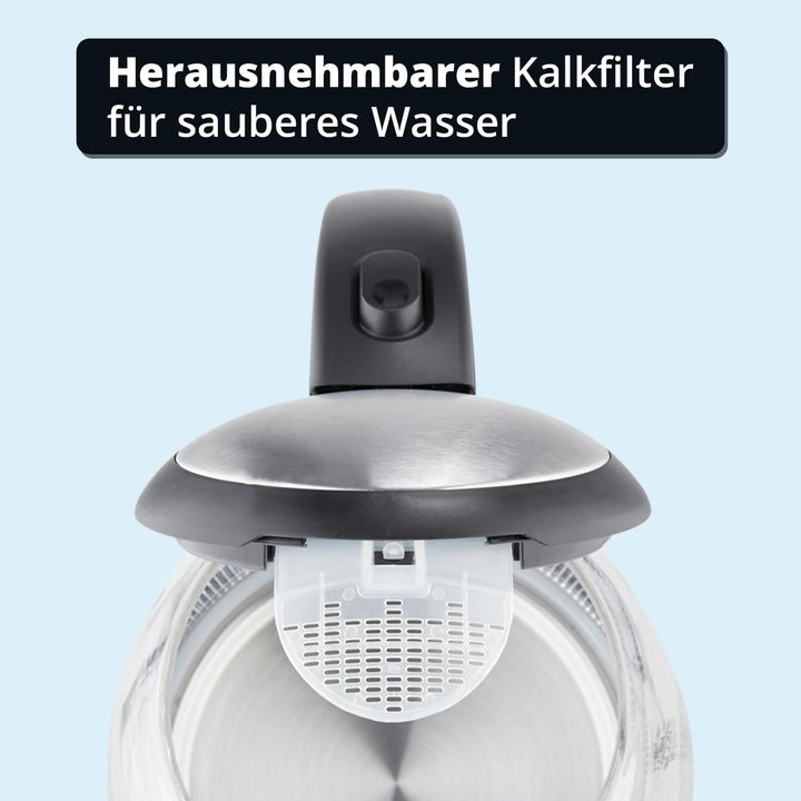 KHG Wasserkocher WK-121GES Glas LED, 1,2 Liter, abwaschbarer Kalkfilter, Wasserstandsanzeige, Öffnen