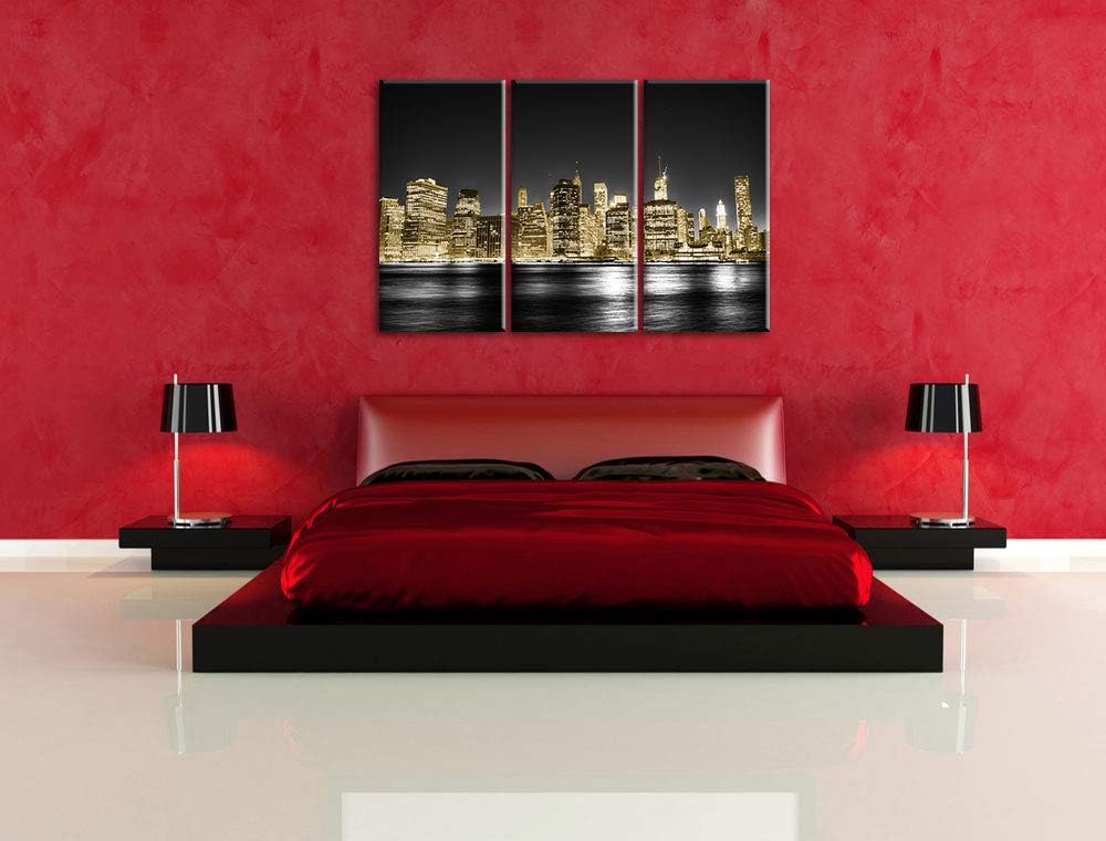 Manhattan Skyline bei Nacht schwarz/weiss 3-Teiler Leinwandbild 120x80 Bild auf Leinwand, XXL riesig