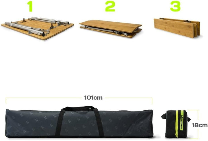 XXL Design Campingtisch mit Bambus-Tischplatte inkl Aufbewahrungsnetz und integriertem Flaschenöffne