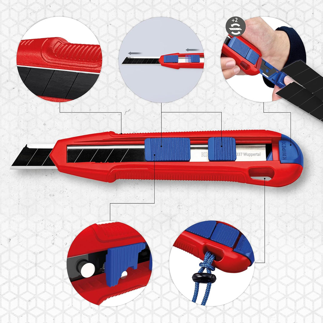 KNIPEX CutiX® Universalmesser, mit Stabilisierungsschiene, Klingenverriegelung, 18 mm Abbrechklinge,
