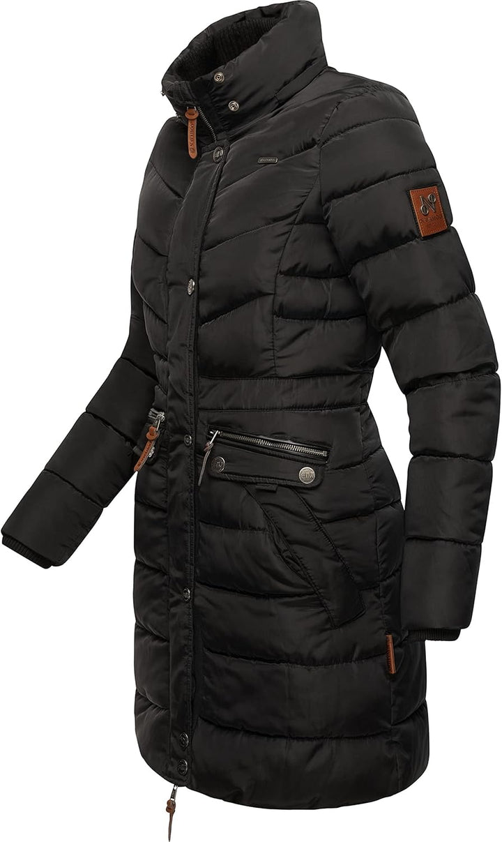 Navahoo Damen Wintermantel warmer Steppmantel lang mit abnehmbarer Kunstfell-Kapuze Paula XS-5XL XL