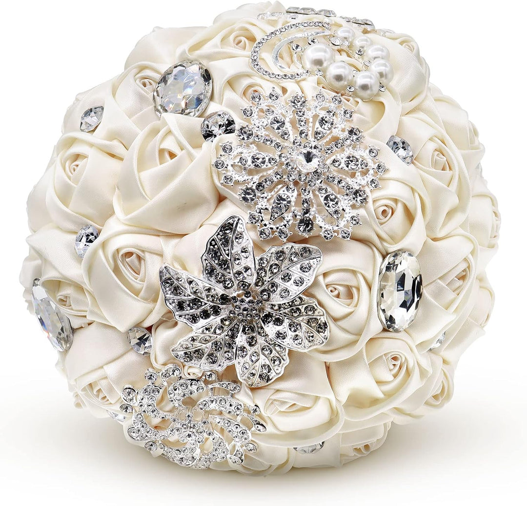 Fouriding Handgemachte Brosche Brautstrauss Braut Satin Rosen Blumen Strass Perlen Blumensträusse Ho