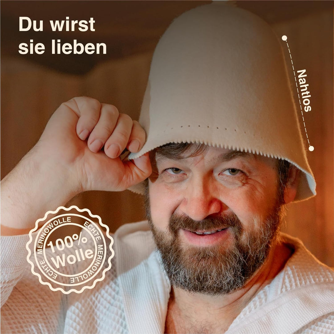 Saunamütze aus 100% Merinowolle – Nahtlos & formstabil – Schutz vor Überhitzung in der Sauna – 2 Grö
