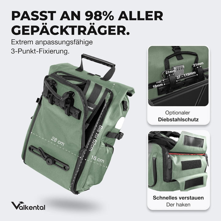 Valkental® - 3in1 Fahrradtasche Pro - Das Original - Hochwertiges Nylon - 23L Volumen - Geeignet als