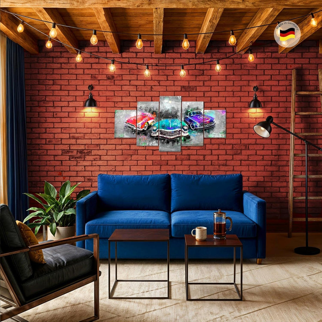 Runa Art Wandbilder Oldtimer Retro 5 Teilig Bild auf Vlies Leinwand Deko Wohnzimmer Schlafzimmer Abs