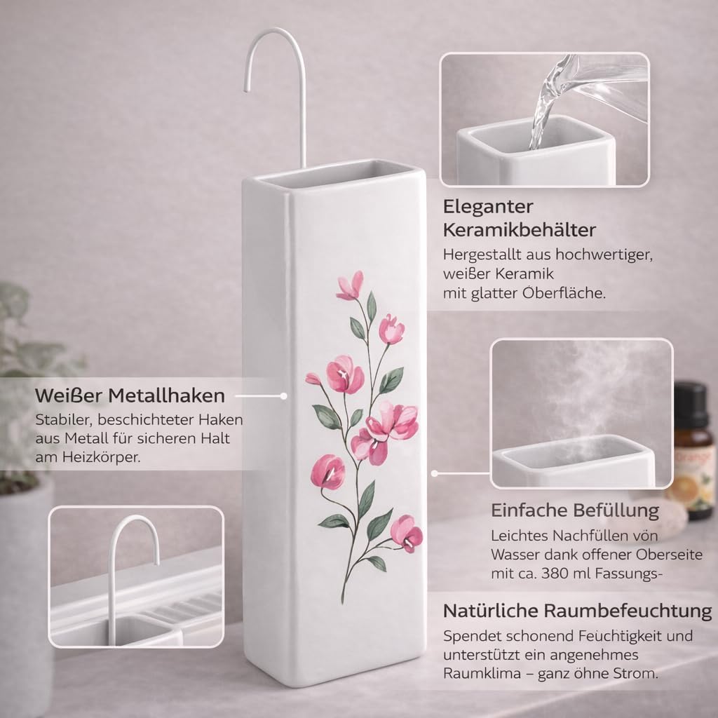 4er Set Luftbefeuchter Heizung Keramik 380ml Heizkörper Verdunster weiss mit Haken Blumenmotive Raum