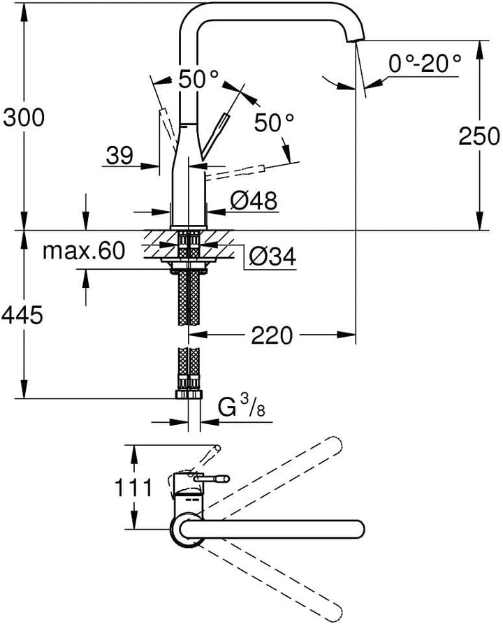 GROHE Essence New - Einhand-Spültischbatterie (hoher Auslauf, Schwenkbereich wählbar 0°/150°/360°, f