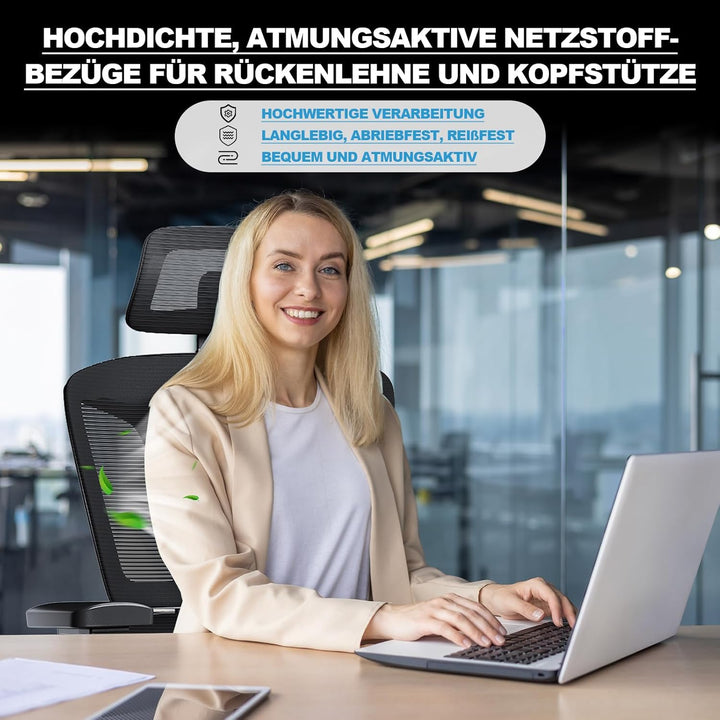 MELOKEA Bürostuhl Ergonomisch, 4D-Armlehnen, Verstellbare Sitztiefe, 3D-Kopfstütze, Gummirollen, Hoh