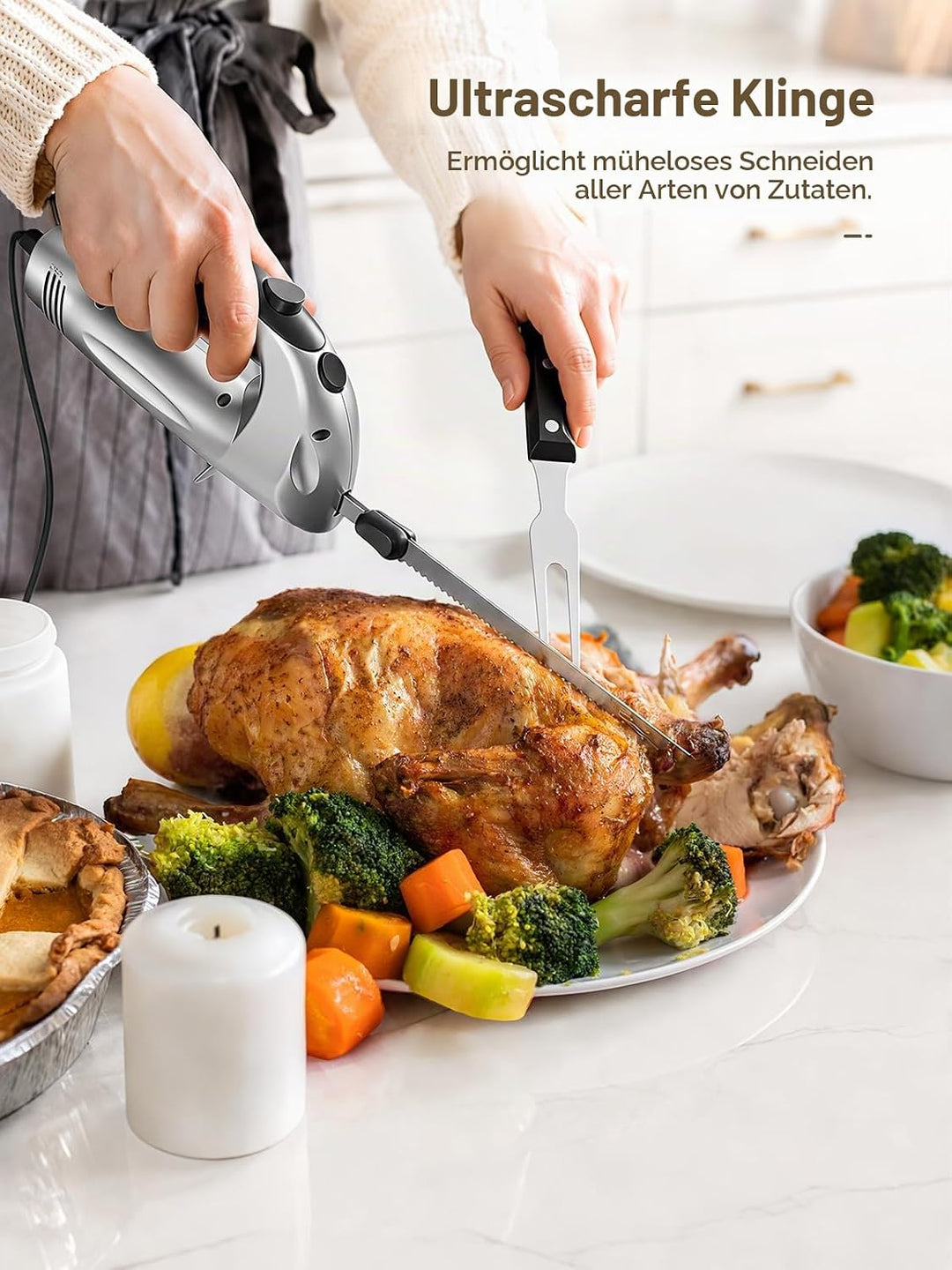 Yabano Elektromesser 150W für Brot und Fleisch mit Tranchiergabel | Sicherheitsverriegelung Ergonomi
