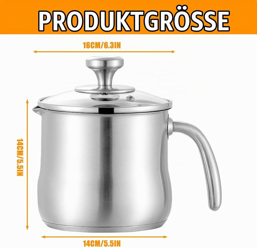 Milchtopf Edelstahl mit Deckel und Ausgiesser, 2 Liter Kochtopf Induktion mit Dampfloch &amp; Rutschfest