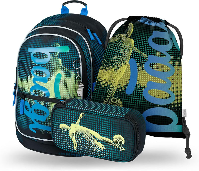 Baagl Schulrucksack Set Jungen 3 Teilig, Schultasche ab 3. Klasse, Grundschule Ranzen mit Brustgurt,