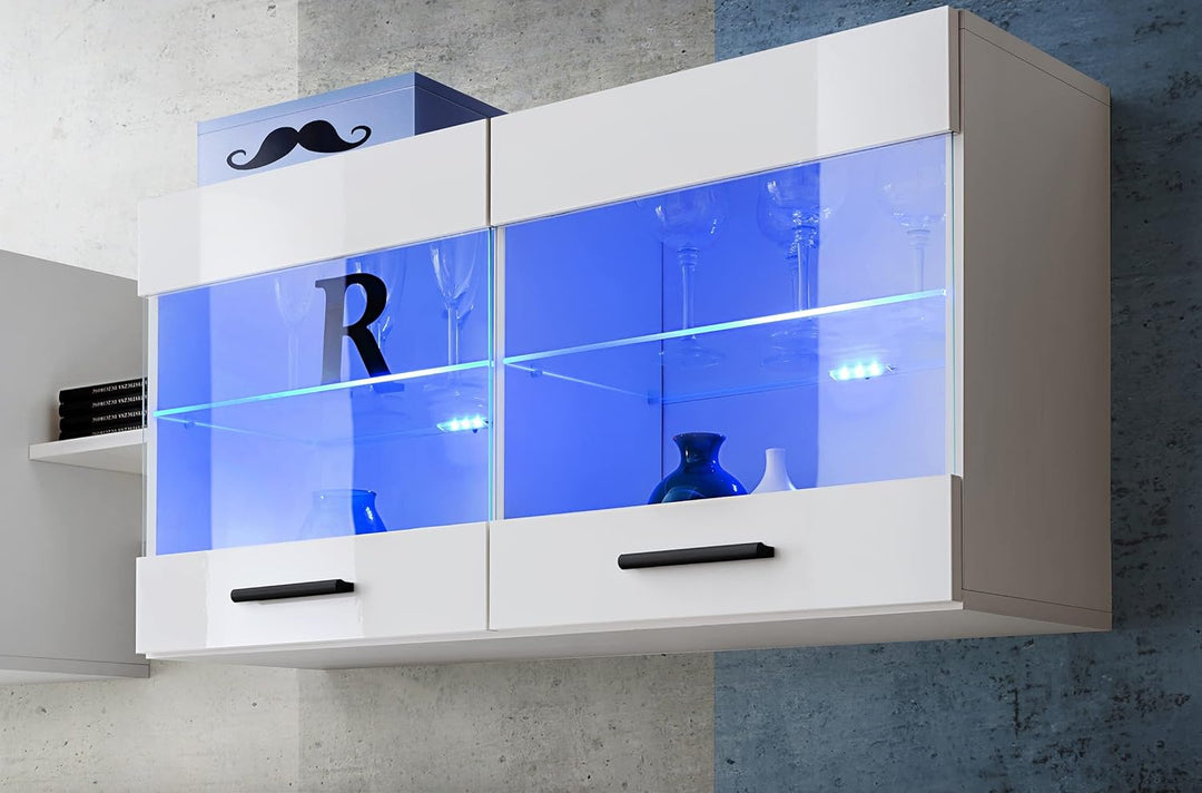 Vitrine Schrank Savona, Weiss/Weiss, Breite 100cm x Höhe 50cm x Tiefe 30cm, LED RGB, 2 Glasböden, 2