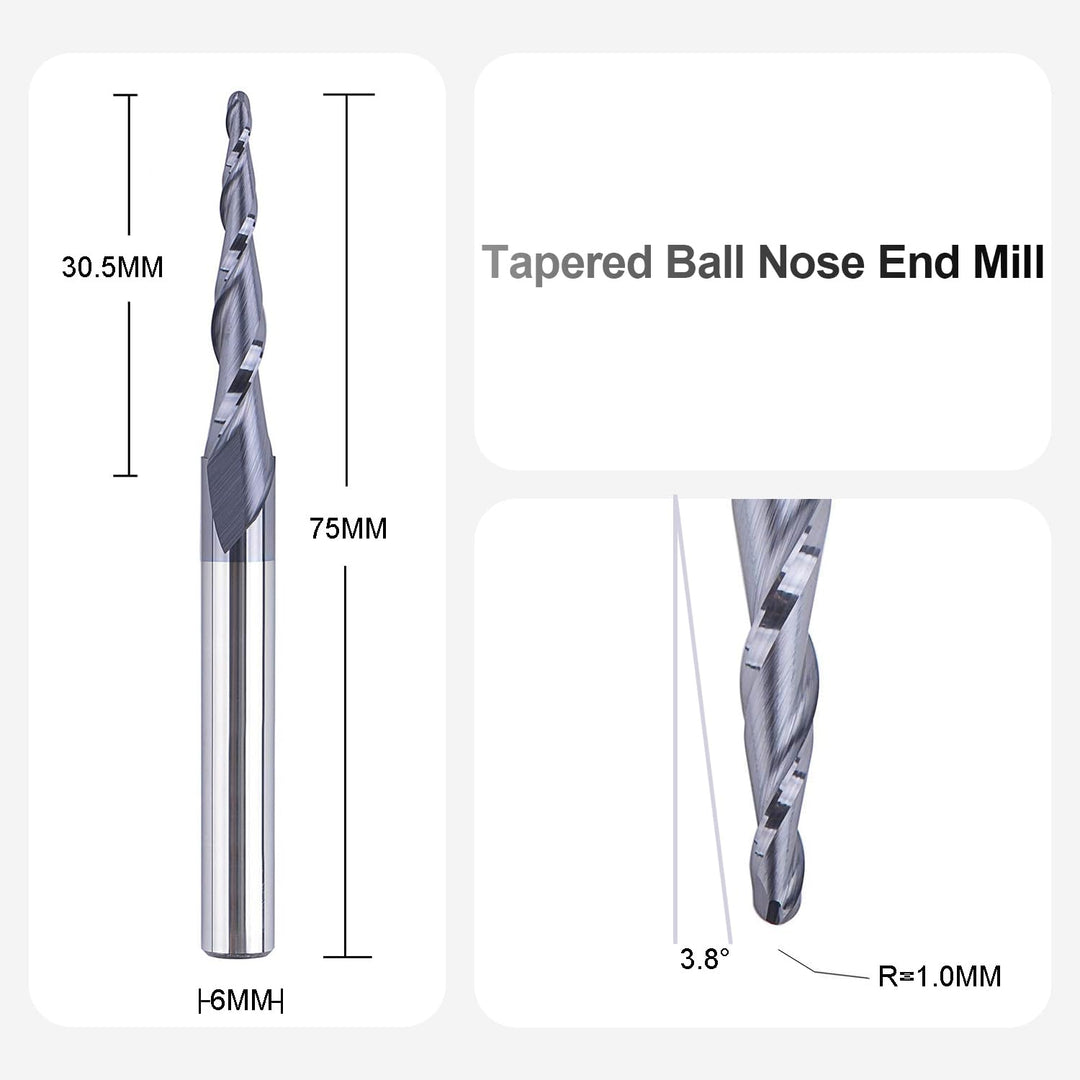 SpeTool Kugelkopffräser Konische Fräser CNC Schaftfräser 2 Flöten 1,0 mm Radius VHM Gravierfräser fü