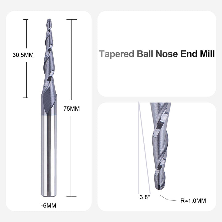 SpeTool Kugelkopffräser Konische Fräser CNC Schaftfräser 2 Flöten 1,0 mm Radius VHM Gravierfräser fü