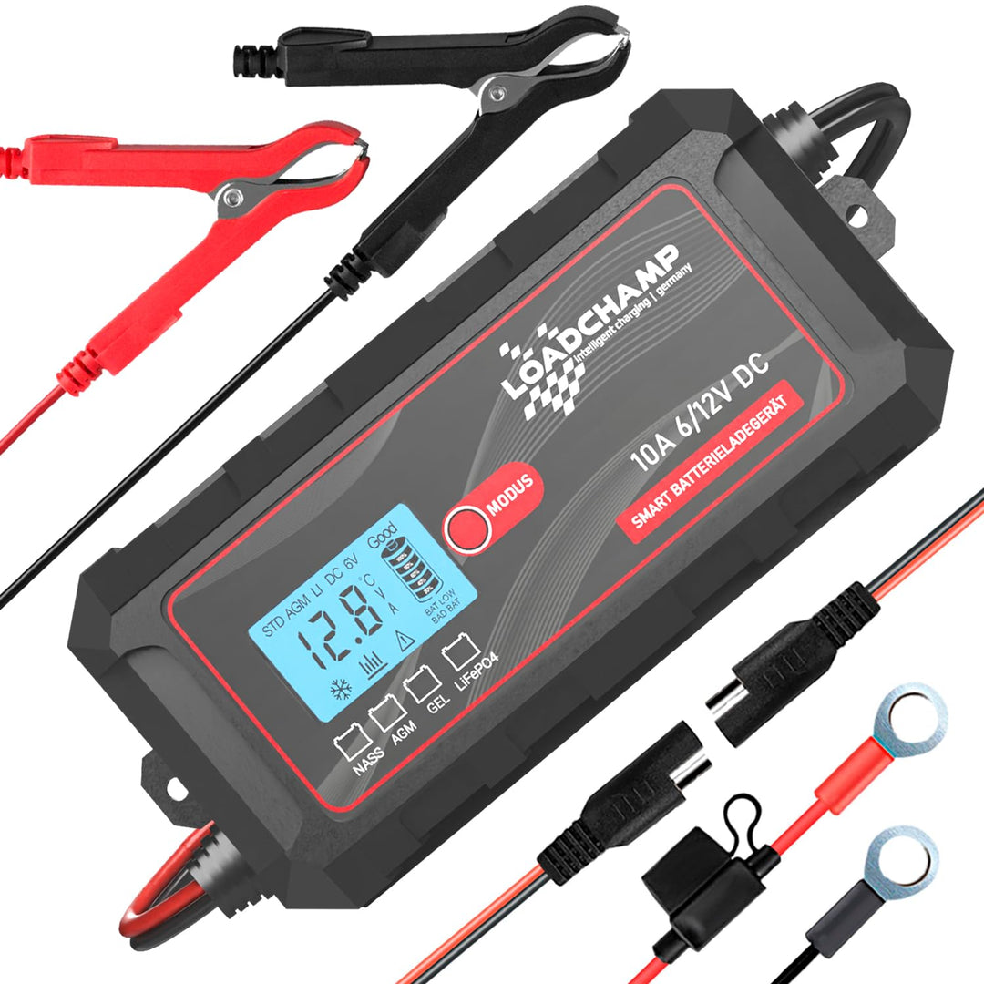Loadchamp LiFePO4 Ladegerät 6V/12V 10A Batterieladegerät für Auto Motorrad Roller Rasenmäher Batteri