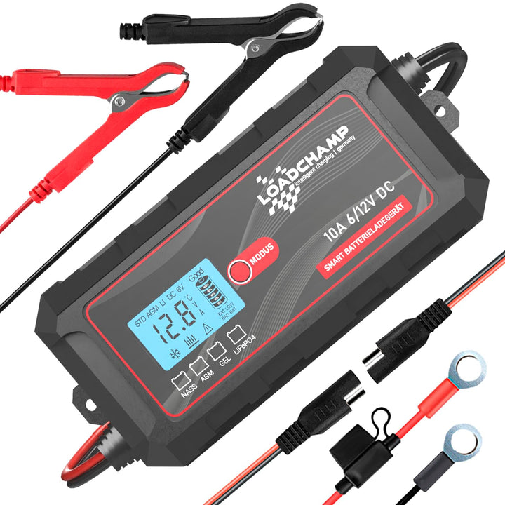 Loadchamp LiFePO4 Ladegerät 6V/12V 10A Batterieladegerät für Auto Motorrad Roller Rasenmäher Batteri
